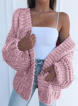 Winter Casual Pink Plain Long Sleeve Knitted Cardigan