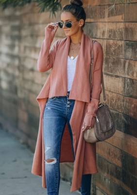 Autumn Pink Turndown Collar Irregular Long Cardigans