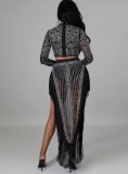 Fall Sexy Black Rhinestone High Collar Long Sleeve Crop Top And Tassels Slit Dress Two Piece Set