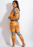Fall Retro Orange Printed Zipper Jacket and Skinny Pants Set