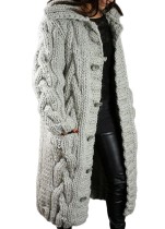 Winter Plus Size Casual Grey Kintted Weave Button Hoodies And Cardigans