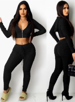 Fall Casual Black Puckers Zipper Hood Long Sleeve Crop Top And Pant Two Piece Set