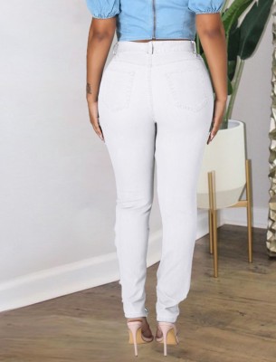 Fall Plus Size White Sexy Fashion Bandage Hollow Out Slim Jeans