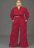 Autumn Plus Size Polka Dot Red Crop Top and Pants Set