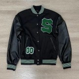 Winter Casual Black With Green Letter Contrast Pu Leather Sport Jacket