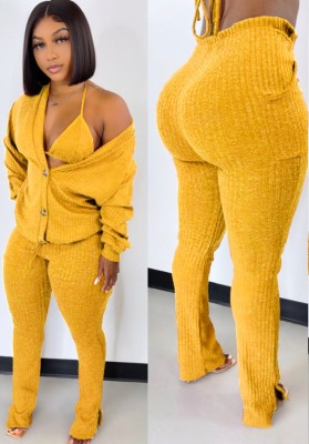 Autumn Casual 3 Piece Yellow Knit Pants Set