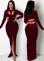 Fall Sexy Red Hollow Out Bandage Long Sleeve Slit Long Dress