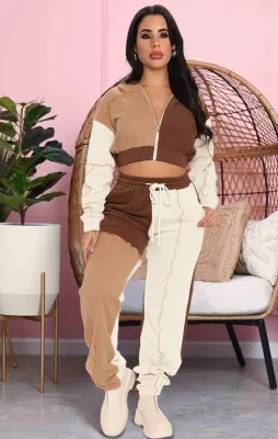 Winter Casual Khaki Contrast Zipper Crop Two Piece Sweatsuits