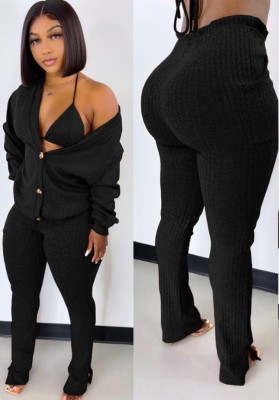 Autumn Casual 3 Piece Black Knit Pants Set