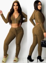 Fall Casual Green Puckers Zipper Hood Long Sleeve Crop Top And Pant Two Piece Set