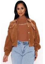 Winter Casual Brown Corduroy Jacket with Puff sleeve