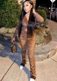 Fall Trendy Brown Velvet Ruched Crop Hoody Two Piece Tracksuits