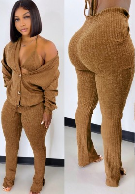 Autumn Casual 3 Piece Brown Knit Pants Set