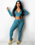Fall Casual Blue Puckers Zipper Hood Long Sleeve Crop Top And Pant Two Piece Set