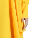 Fall Plus Size Yellow Keyhole Batwing Sleeve Loose Dress
