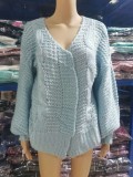 Winter Casual Blue Plain Long Sleeve Knitted Cardigan