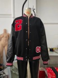 Winter Casual Black With Red Letter Contrast Pu Leather Sport Jacket