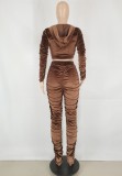 Fall Trendy Brown Velvet Ruched Crop Hoody Two Piece Tracksuits
