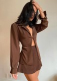 Fall Sexy Brown Satin Long Sleeve Crop Top And Skirt Two Piece Set