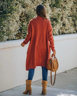 Autumn Orange Turndown Collar Irregular Long Cardigans