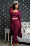 Fall Sexy Wine U Neck Open Waist Knitted 3pcs Pants Set