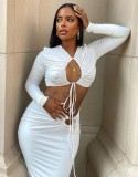 Fall Sexy White Hollow Out Bandage Long Sleeve Crop Top And Dress Set