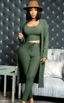 Fall Sexy Green U Neck Open Waist Knitted 3pcs Pants Set