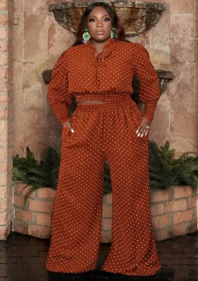 Autumn Plus Size Polka Dot Dark Orange Crop Top and Pants Set