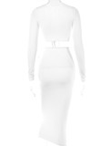 Fall Sexy White Hollow Out Bandage Long Sleeve Crop Top And Dress Set