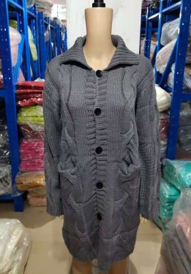 Winter Plus Size Casual Dk-Grey Kintted Weave Button Hoodies And Cardigans