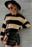 Winter Casual Black and Khaki Stripes Round Neck Loose Sweater