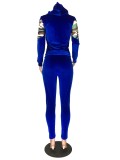 Winter Trendy Blue Camous Patch Zipper Top and Slim Sweetpants Set