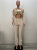 Winter Casual Kahaki Bra Zipper Crop Top And Pant Sets