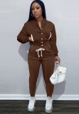 Winter Casual Brown Fleece Contrast Pocket Long Sleeve Button Top And Pant Matching Set