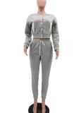 Winter Casual Grey Fleece Contrast Pocket Long Sleeve Button Top And Pant Matching Set