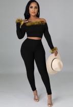 Winter Sexy Black Off Shoulder Fake Fur Long Sleeve Crop Top And Pant Two Piece Set