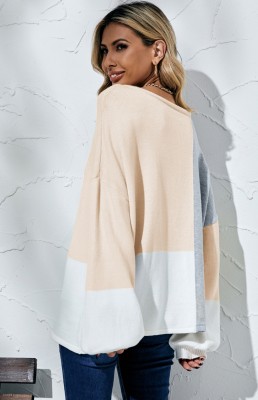 Winter Casual Color Contrast Apricot Loose Knitted Sweater
