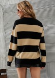 Winter Casual Black and Khaki Stripes Round Neck Loose Sweater