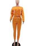 Winter Casual Orange Fleece Contrast Pocket Long Sleeve Button Top And Pant Matching Set