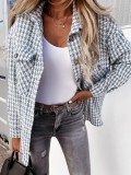 Winter Blue Plaid Turndown Neck Button Up Loose Short Coat