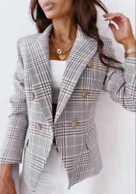 Winter Grey Plaid Long Sleeve Blazer