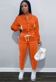 Winter Casual Orange Fleece Contrast Pocket Long Sleeve Button Top And Pant Matching Set