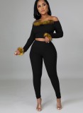 Winter Sexy Black Off Shoulder Fake Fur Long Sleeve Crop Top And Pant Two Piece Set