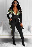 Winter Trendy Black Camous Patch Zipper Top and Slim Sweetpants Set