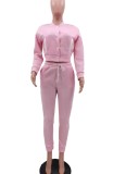 Winter Casual Pink Fleece Contrast Pocket Long Sleeve Button Top And Pant Matching Set
