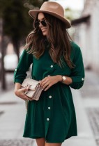 Whiter Casual Green Turndown Neck Button Up Shirt Dress with Belt