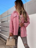 Winter Red Plaid Turndown Neck Button Up Loose Short Coat