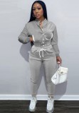 Winter Casual Grey Fleece Contrast Pocket Long Sleeve Button Top And Pant Matching Set