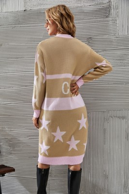 Winter Casual Pink Stars Printed Khaki Long Knit Cardigan