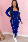 Fall Sexy Blue U-neck Crop Tight Top and Slim Pants Set